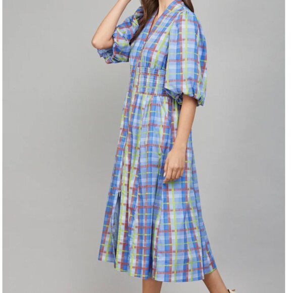 Periwinkle Olive Plaid Midi Dress - MEDIUM - Picture 4 of 11